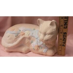 Terracotta Ceramic Cat Figurine With Roses and Bow